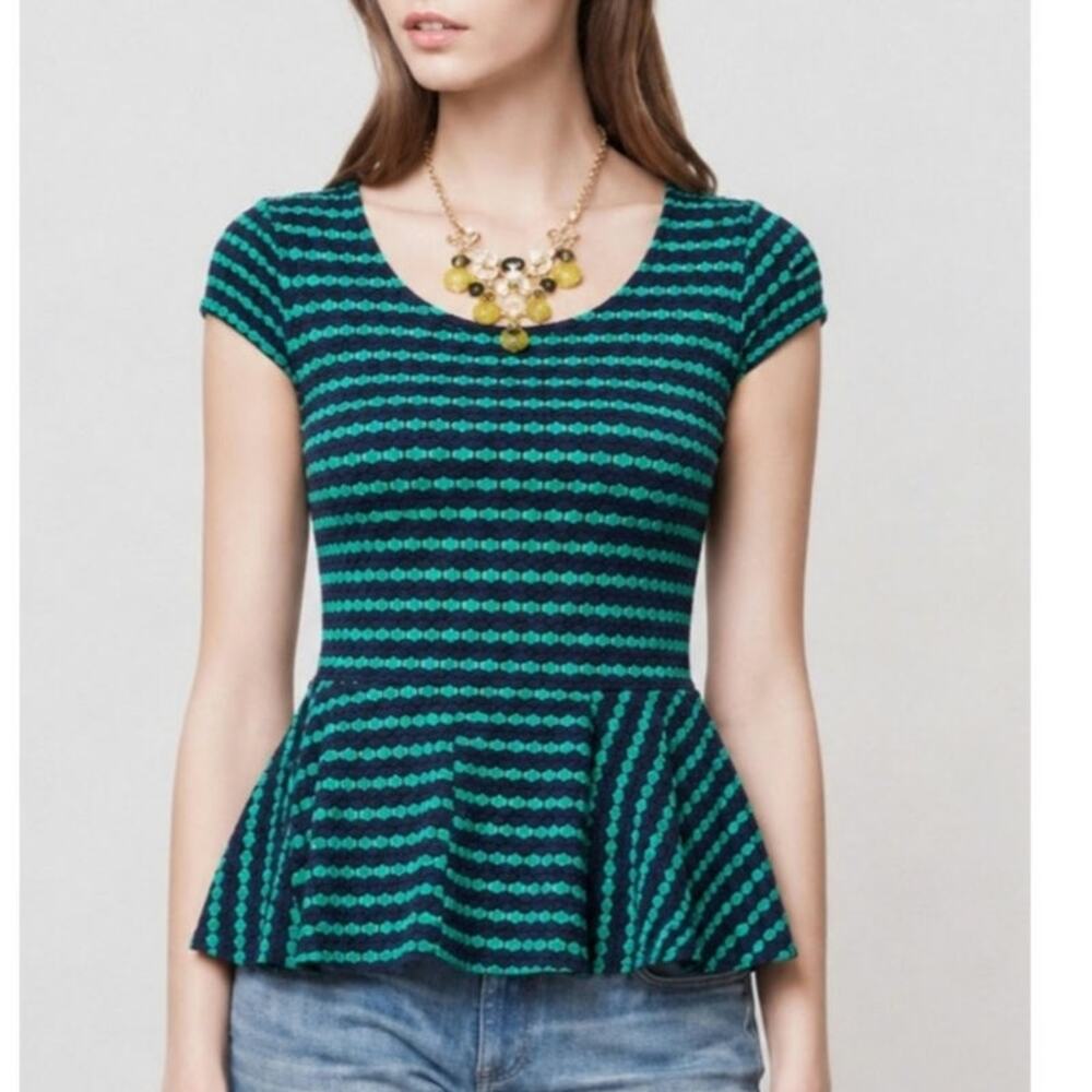 Anthropologie Postmark Green & Navy  Peplum Top.